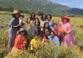 Isabelle dans un champs d'immortelles avec ses clients japonais en Corse